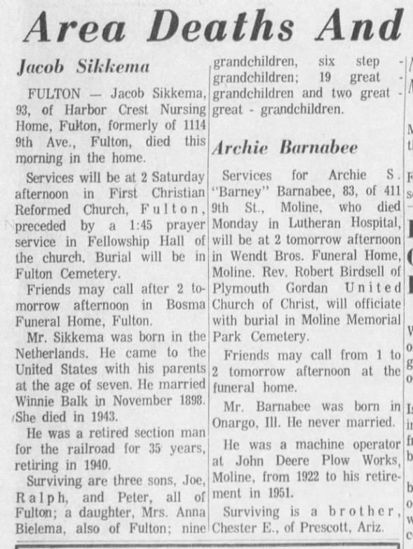 Sikkema, Jacob Joe obit 1969